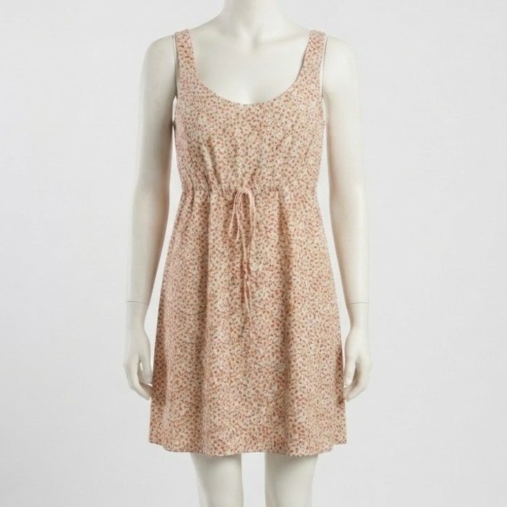 Brandy Melville Floral Mini Dress Cream Red Drawstring Waist Sleeveless OS